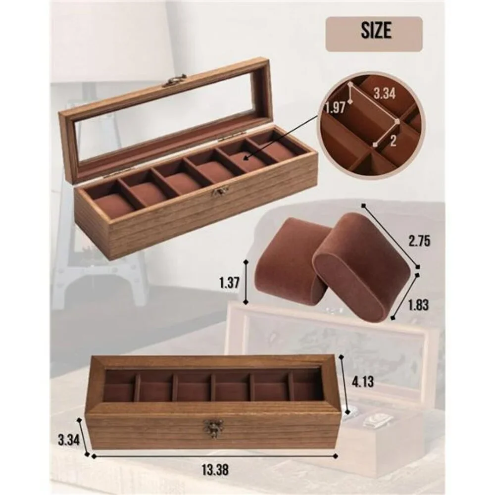 Wood Watch Box Display Case 6 Slot Glass Lid Storage Organizer for Men Women